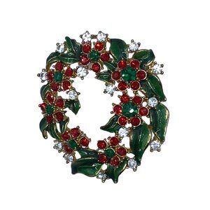 Christmas Wreath Brooch Red Green Rhinestone Pendant Option Gold Tone